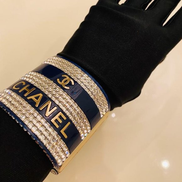Chanel Navy Blue Crystal Studded Bracelet Cuff - Picture 8 of 12